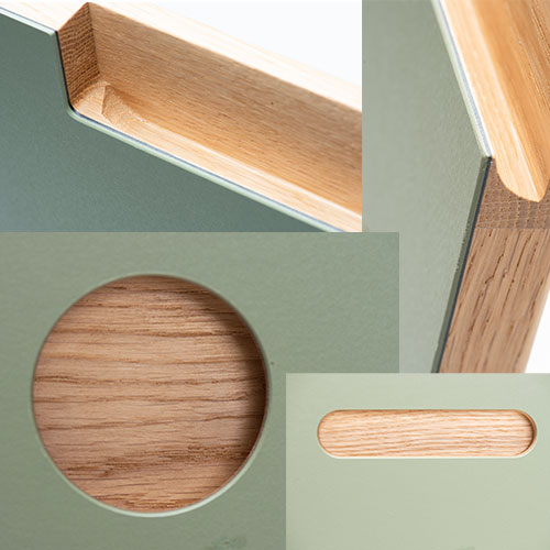 fronter-linoleum-massiv-greb-til-udvalg Alle greb laves af en massiv klodsse som overlimes med enten laminat, finer eller linoleum. Efter overlimningen, fræses der ud til formene på grebet. Det betyder at grebet ligger smukt inde at der glatte overgange, og det passer altid sammen. Greb kan sættes i alle fornter som er 22 mm